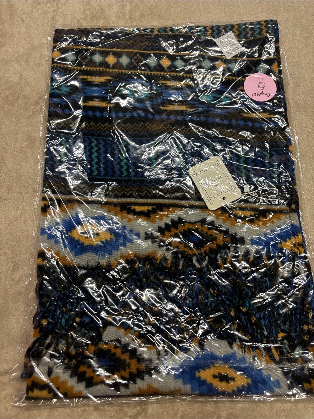 Aztec-Print Fringe Wrap Scarf in Blue, Mustard & Black